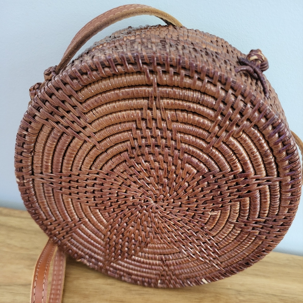 Round Wicker Boho Purse Fern Printed Fabric Interior Leather Strap